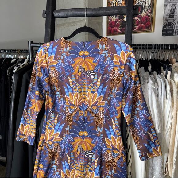 J. McLaughlin Sophia Safari Print Dress Brown Blue Gold - Picture 8 of 9
